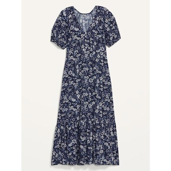 Old Navy Dresses & Skirts - Old Navy Blue Floral Print Puff Sleeve All-Day Spring Long Maxi Dress- Size XL